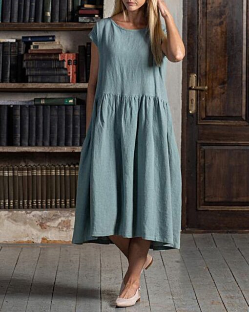 Short Sleeve Round Neck Solid Color Loose Pleated Swing Mid-Long Dresses - Image 7