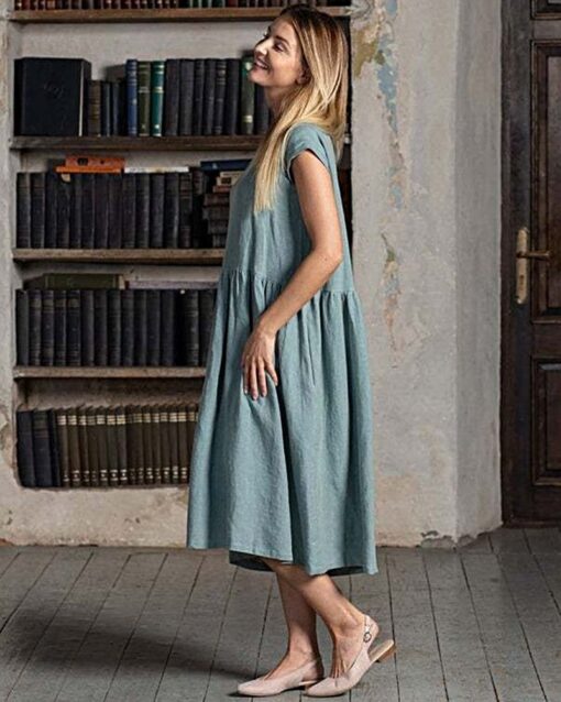 Short Sleeve Round Neck Solid Color Loose Pleated Swing Mid-Long Dresses - Image 3