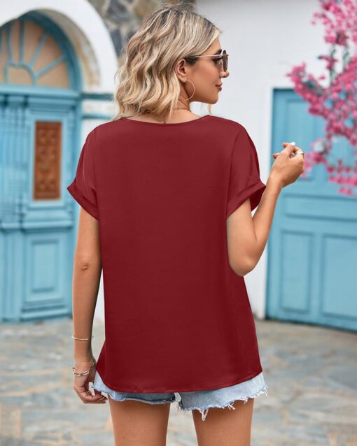 Short Sleeve V Neck Blouse Top Lace Trim Casual Summer Tee Shirt - Image 10