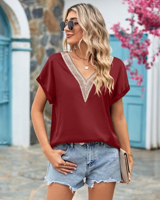 Short Sleeve V Neck Blouse Top Lace Trim Casual Summer Tee Shirt - Image 7