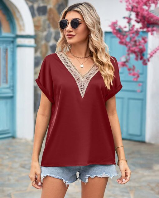 Short Sleeve V Neck Blouse Top Lace Trim Casual Summer Tee Shirt - Image 8