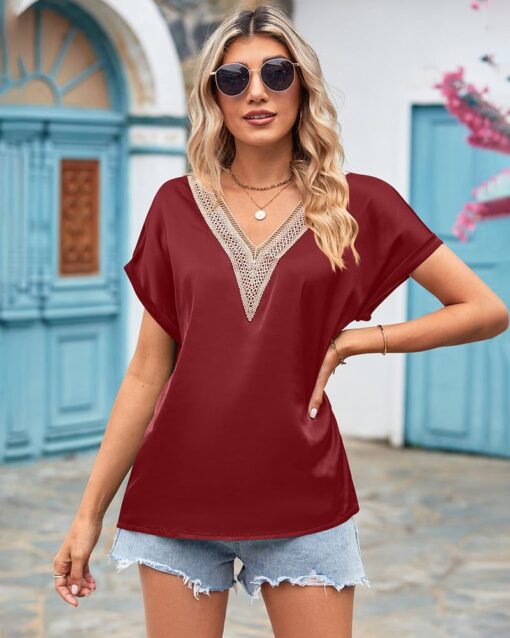 Short Sleeve V Neck Blouse Top Lace Trim Casual Summer Tee Shirt - Image 9