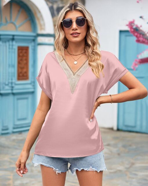 Short Sleeve V Neck Blouse Top Lace Trim Casual Summer Tee Shirt - Image 21