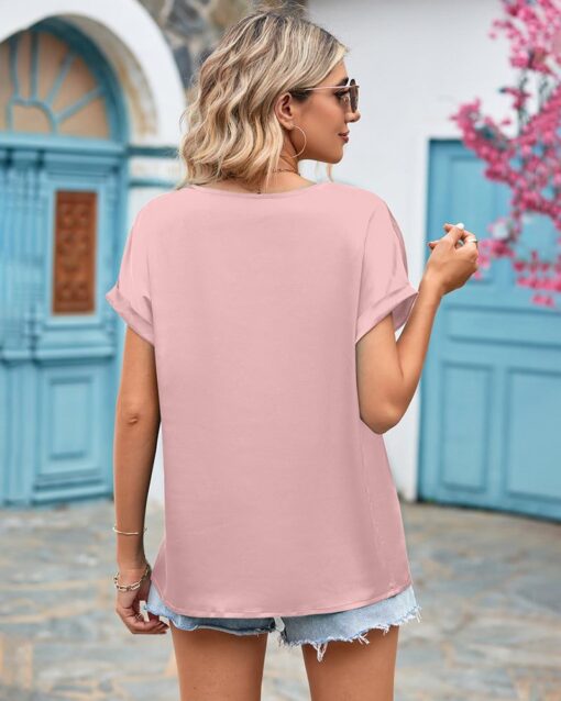 Short Sleeve V Neck Blouse Top Lace Trim Casual Summer Tee Shirt - Image 20