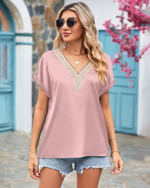 Short Sleeve V Neck Blouse Top Lace Trim Casual Summer Tee Shirt - Image 22