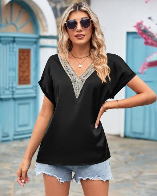 Short Sleeve V Neck Blouse Top Lace Trim Casual Summer Tee Shirt - Image 28