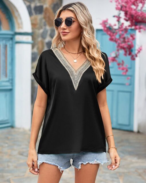 Short Sleeve V Neck Blouse Top Lace Trim Casual Summer Tee Shirt - Image 29