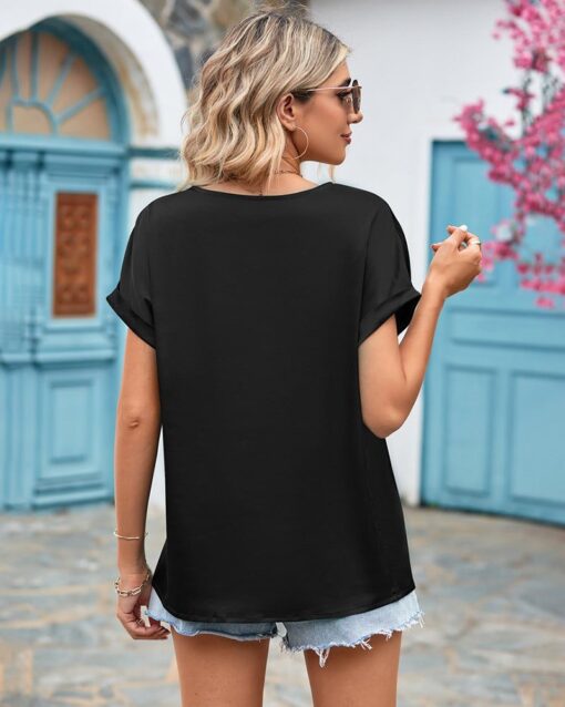 Short Sleeve V Neck Blouse Top Lace Trim Casual Summer Tee Shirt - Image 30