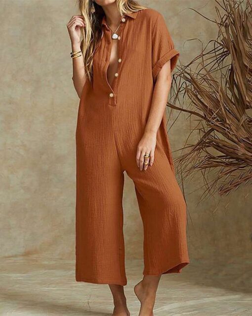 Short Sleeve V Neck Jumpsuit Button Down Turndown Collar Wide Leg Jumpsuit - Image 5