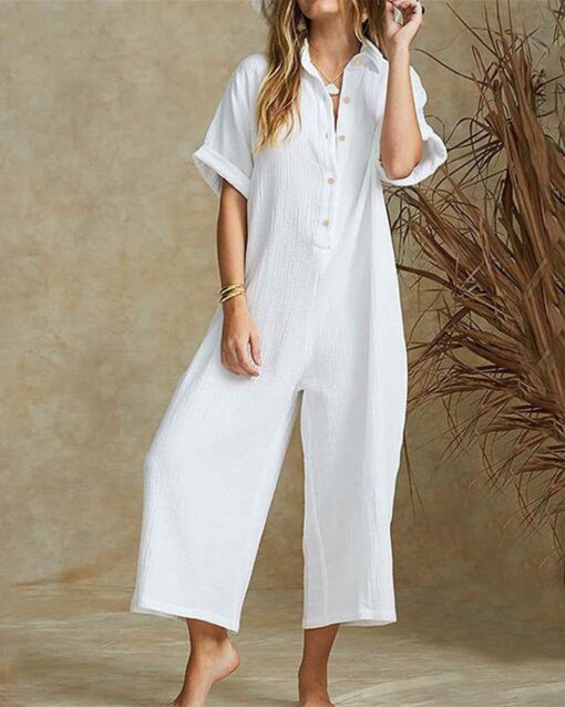 Short Sleeve V Neck Jumpsuit Button Down Turndown Collar Wide Leg Jumpsuit - Image 3