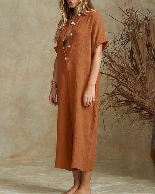 Short Sleeve V Neck Jumpsuit Button Down Turndown Collar Wide Leg Jumpsuit - Image 6