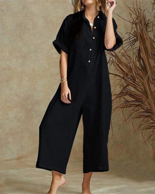 Short Sleeve V Neck Jumpsuit Button Down Turndown Collar Wide Leg Jumpsuit - Image 8