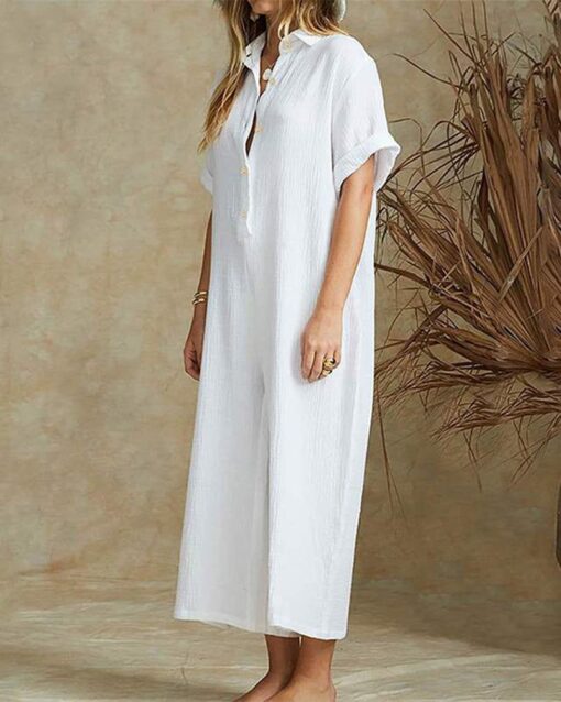 Short Sleeve V Neck Jumpsuit Button Down Turndown Collar Wide Leg Jumpsuit - Image 4