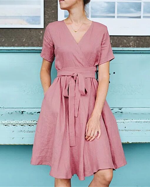 Short Sleeved With Belted Dress Holiday Dresses - Image 7