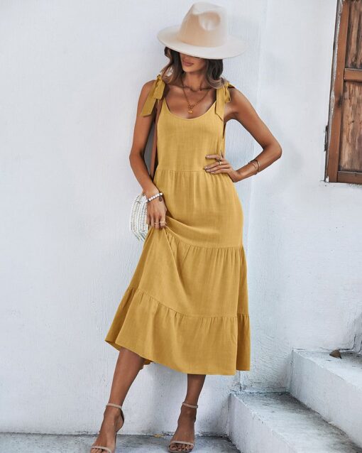 Shoulder Tie Strap Babydoll Dress Casual Scoop Neck Backless Tiered Ruffle Solid Flowy Midi Sun Dresses - Image 5