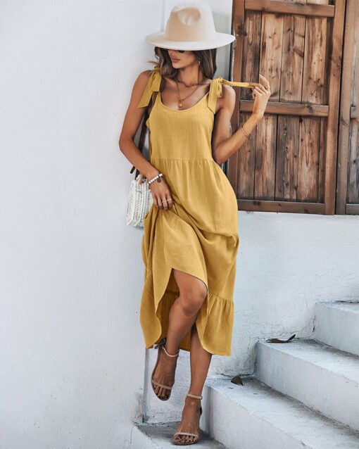 Shoulder Tie Strap Babydoll Dress Casual Scoop Neck Backless Tiered Ruffle Solid Flowy Midi Sun Dresses