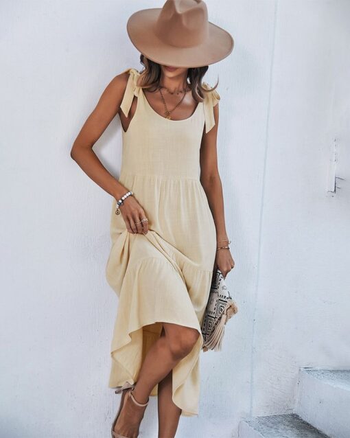 Shoulder Tie Strap Babydoll Dress Casual Scoop Neck Backless Tiered Ruffle Solid Flowy Midi Sun Dresses - Image 10