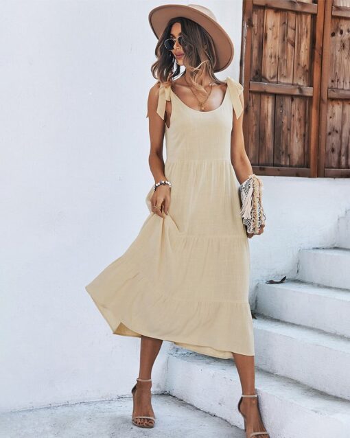 Shoulder Tie Strap Babydoll Dress Casual Scoop Neck Backless Tiered Ruffle Solid Flowy Midi Sun Dresses - Image 7