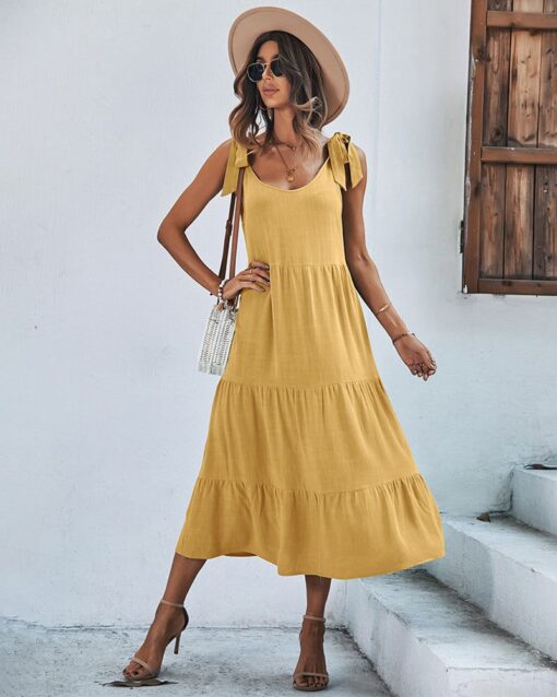 Shoulder Tie Strap Babydoll Dress Casual Scoop Neck Backless Tiered Ruffle Solid Flowy Midi Sun Dresses - Image 13