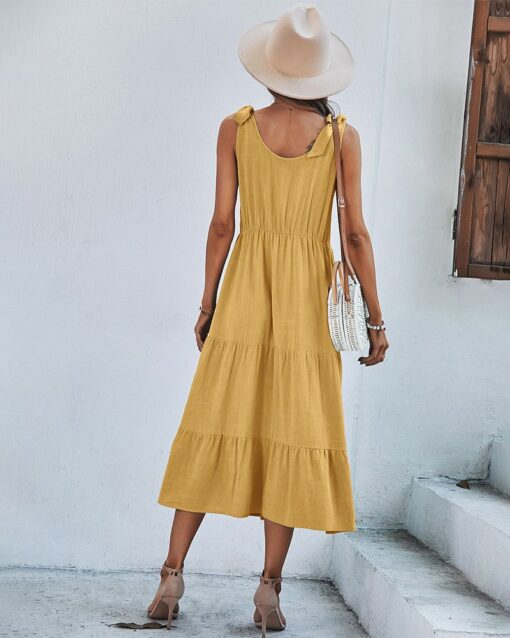 Shoulder Tie Strap Babydoll Dress Casual Scoop Neck Backless Tiered Ruffle Solid Flowy Midi Sun Dresses - Image 4