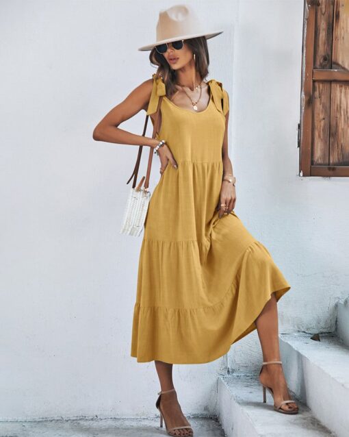 Shoulder Tie Strap Babydoll Dress Casual Scoop Neck Backless Tiered Ruffle Solid Flowy Midi Sun Dresses - Image 2