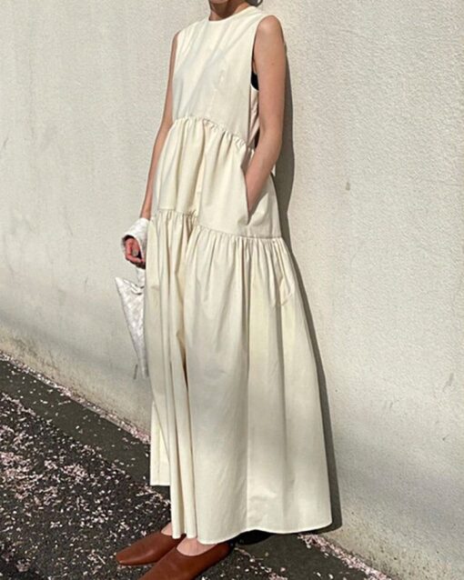 Sleeveless A-line Pleated Round Neck Mid-length Dresses - Image 3