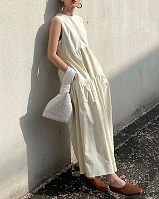 Sleeveless A-line Pleated Round Neck Mid-length Dresses - Image 2