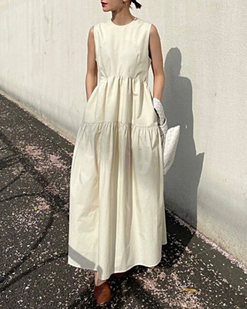 Sleeveless A-line Pleated Round Neck Mid-length Dresses - Image 5