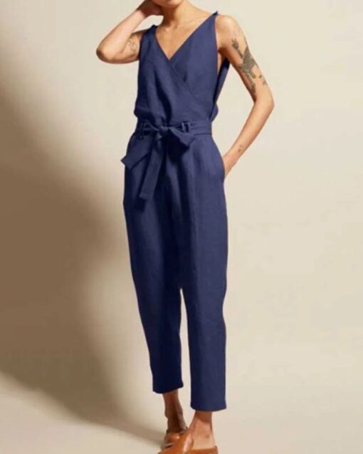 Sleeveless Backless Striped Jumpsuit Loose Trouser Suit Romper with Belt - Image 3