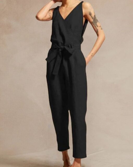 Sleeveless Backless Striped Jumpsuit Loose Trouser Suit Romper with Belt - Image 5