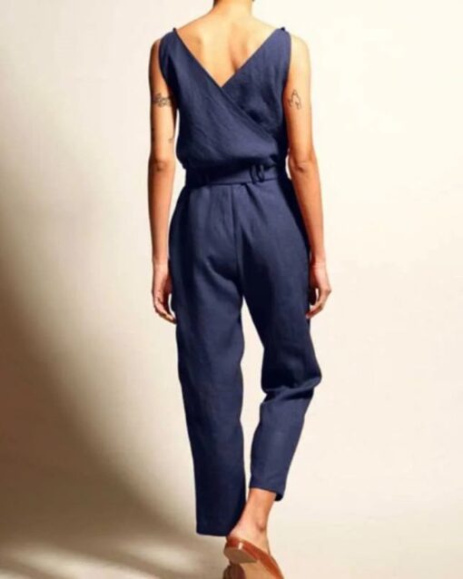 Sleeveless Backless Striped Jumpsuit Loose Trouser Suit Romper with Belt - Image 4