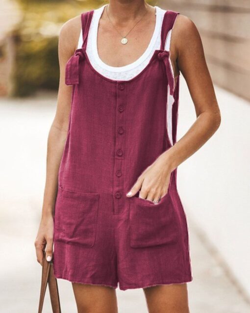 Sleeveless Baggy Fit Overall Strappy Tie Knot Shorts Jumpsuit Csaual Cute Rompers with Plus Size Patch Pockets - Image 4