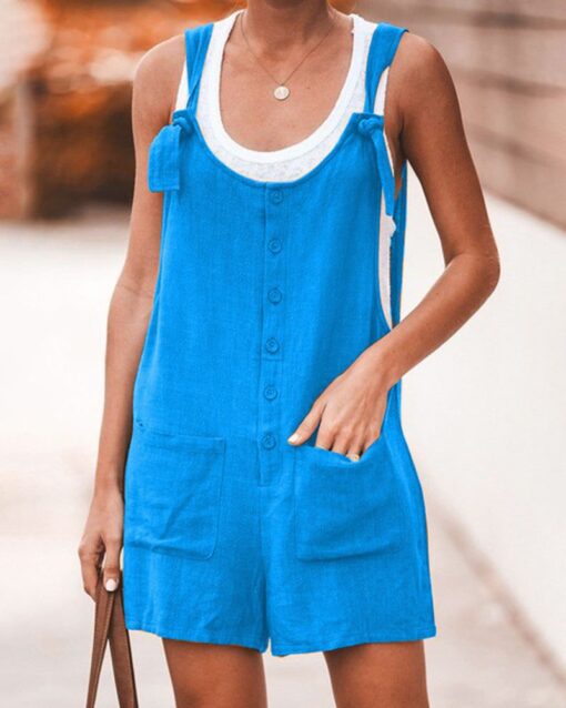 Sleeveless Baggy Fit Overall Strappy Tie Knot Shorts Jumpsuit Csaual Cute Rompers with Plus Size Patch Pockets - Image 16