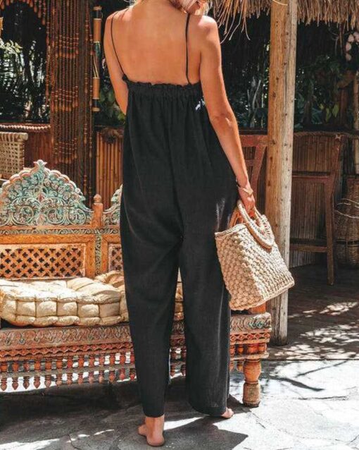 Sleeveless Strap Loose Jumpsuits Stretchy Long Pants Romper with Pockets - Image 2