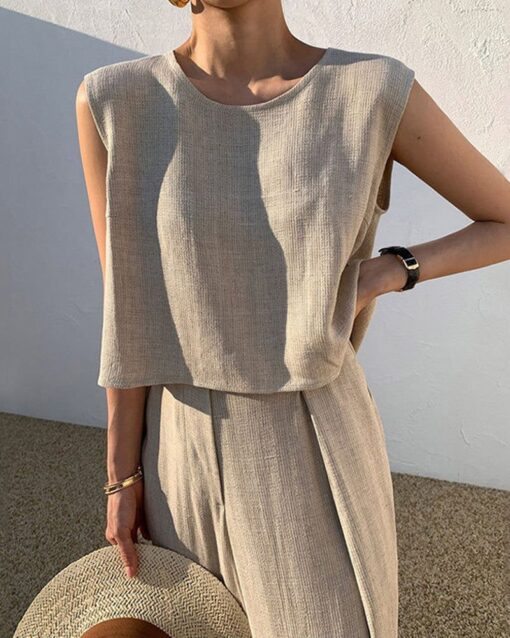 Sleeveless Suits Solid Sets Crew Neck Tank Tops And Wide Leg Long Trousers - Image 2