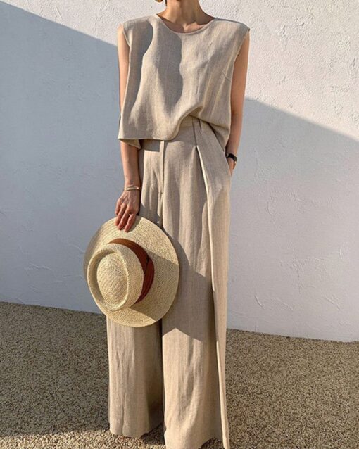 Sleeveless Suits Solid Sets Crew Neck Tank Tops And Wide Leg Long Trousers - Image 4