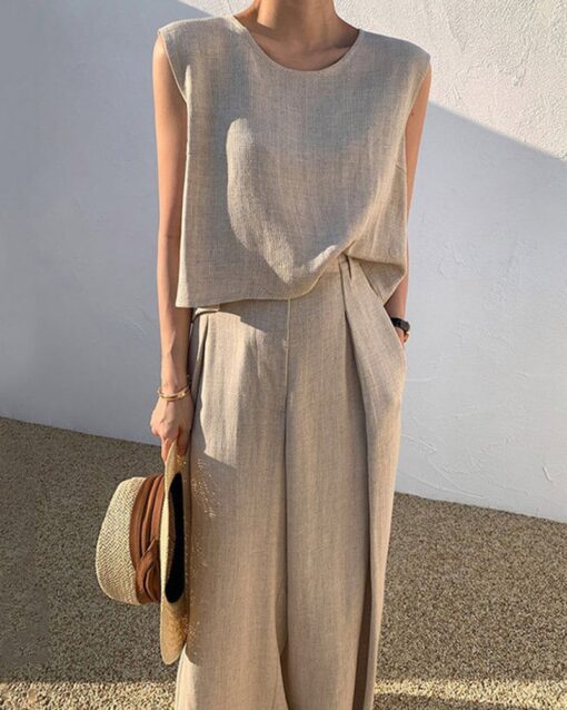 Sleeveless Suits Solid Sets Crew Neck Tank Tops And Wide Leg Long Trousers - Image 3