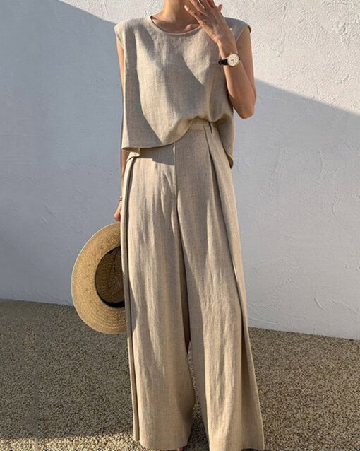 Sleeveless Suits Solid Sets Crew Neck Tank Tops And Wide Leg Long Trousers - Image 6