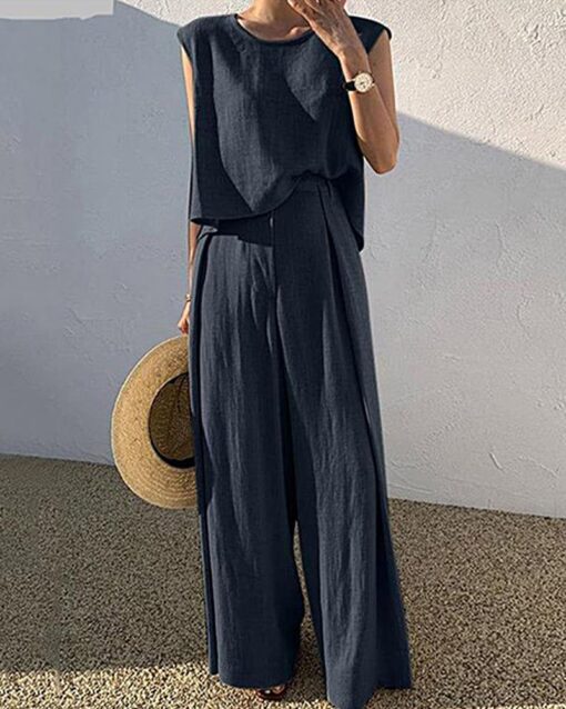 Sleeveless Suits Solid Sets Crew Neck Tank Tops And Wide Leg Long Trousers - Image 5