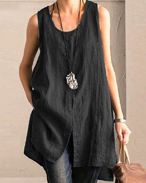 Sleeveless Tanks Tops Vintage Solid Loose Tunic Split Shirt - Image 2