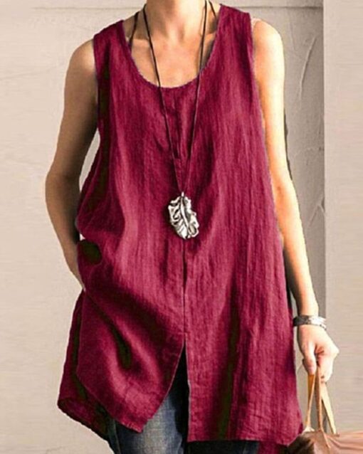 Sleeveless Tanks Tops Vintage Solid Loose Tunic Split Shirt - Image 4