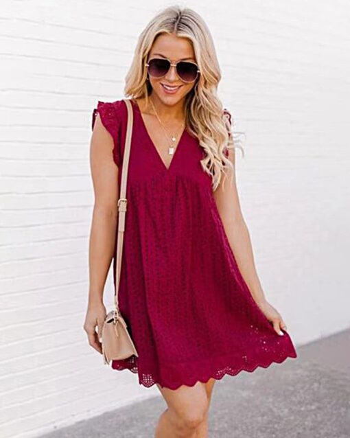 Sleeveless V Neck Lace Dresses with Pockets and Built-in Shorts Loose Fit Flowy Pleated Swing Dress - Image 11