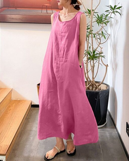 Sling Long Dress Loose Pocket Round Neck Sleeveless Dress - Image 11