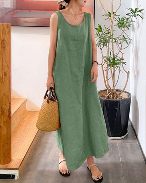 Sling Long Dress Loose Pocket Round Neck Sleeveless Dress - Image 9