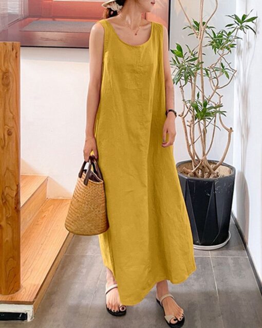 Sling Long Dress Loose Pocket Round Neck Sleeveless Dress - Image 2