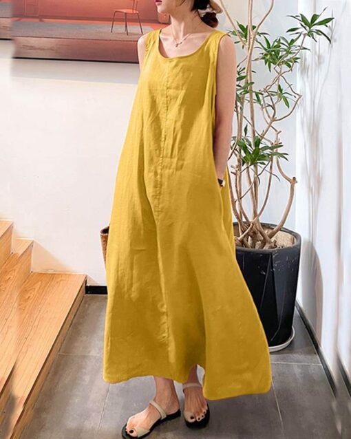 Sling Long Dress Loose Pocket Round Neck Sleeveless Dress