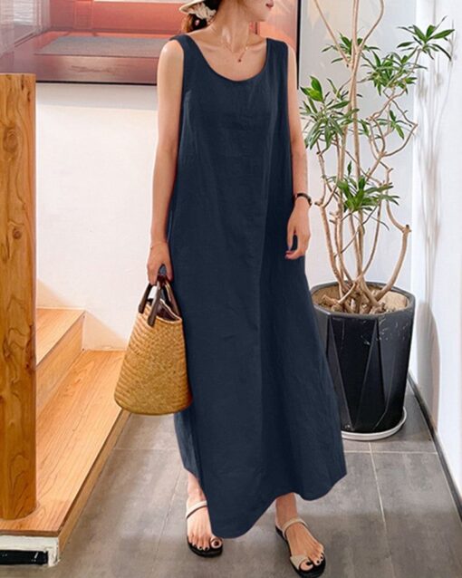 Sling Long Dress Loose Pocket Round Neck Sleeveless Dress - Image 12