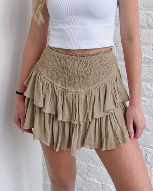 Smocked Ruffle Mini Skirts Summer High Waisted Tiered Short Skirt with Shorts