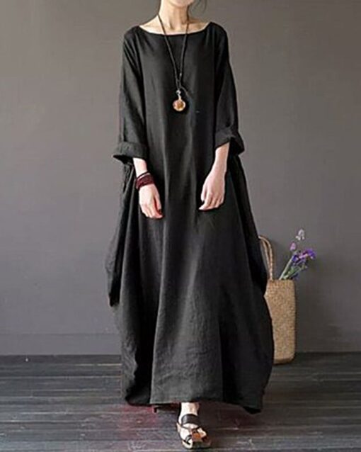 Soft Solid Color Splice Plus Size Linen & Cotton Big Swing Maxi Dress - Image 5