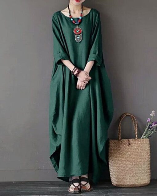 Soft Solid Color Splice Plus Size Linen & Cotton Big Swing Maxi Dress - Image 9